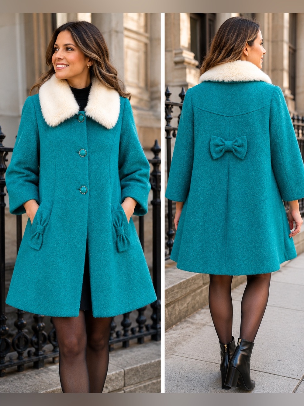 Turquoise Teal Retro Mod Swing Coat Faux Fur Collar Bow Pockets 3/4 Sleeve